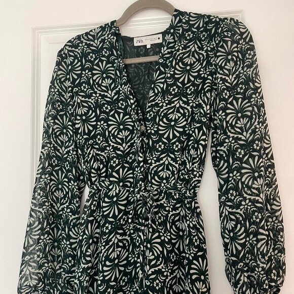 Zara ZW Collection Printed Floral Midi Dress | Green White | Size XS x-small - Picture 3 of 10